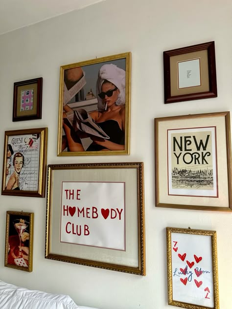 My most complimented group of decor & it cost me < $100; Thrifted Frames, Etsy Prints #decor #gallerywall #photowall #photowallcollage — full list of specific shops on my tiktok xoxoxox