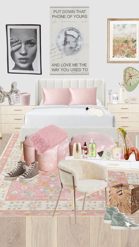 Cute room inspo! #homedecor #outfitinspo #wallpaper #vibes #homedecorideas Teen Room Inspo Cozy, Room Inspo Shuffle, Room Decor Bedroom Small Spaces, Room Collage Ideas, Model Room Aesthetic, Shuffles Bedroom, Stargirl Room Aesthetic, Nyc Room Aesthetic, Stargirl Bedroom