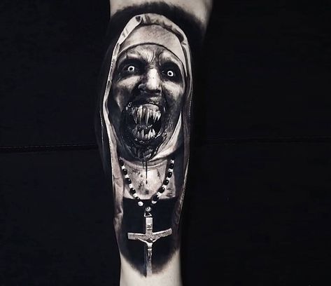 The Nun tattoo by Eliot Kohek | Photo 30450 Dark Nun Tattoo, Hell Raiser Tattoo, The Conjuring Tattoo, Demonic Nun Tattoo, Valak Tattoo, Realistic Horror Tattoo, Conjuring Tattoo, Evil Nun Tattoo, Eliot Kohek