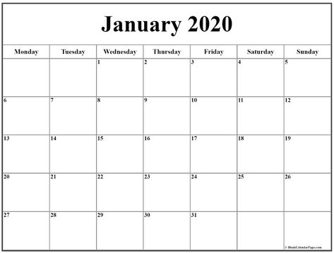 January 2020 Monday Calendar | Monday to Sunday Blank Monthly Calendar Template, Sunday To Saturday, Printable Calendar 2020, Blank Monthly Calendar, Free Calendar Template, January Calendar, Personal Calendar, Blank Calendar Template, Printable Calendars