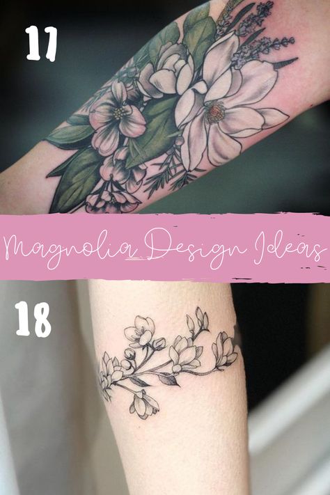 Beautiful Magnolia Flower Tattoo Ideas - TattooGlee Magnolia Flower Tattoo Meaning, Magnolia Tattoo Design, Magnolia Flower Tattoo, Bluebonnet Tattoo, Violet Flower Tattoos, Wrap Around Tattoo, Magnolia Tattoo, Flower Tattoo Meanings, Flower Tattoo Drawings