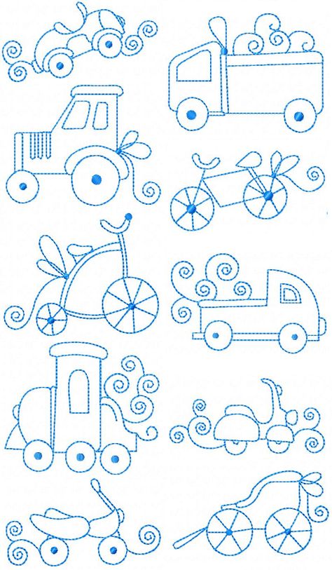 Bluework Baby Transportation Embroidery Line Drawing, Baby Boy Embroidery Ideas, Baby Embroidery Ideas Boys, Embroidery For Baby Boy, Boy Embroidery Ideas, Boys Embroidery Designs, Embroidery For Boys, Baby Boy Embroidery, Commercial Embroidery Machine