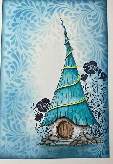 Whimsical Fairy Drawing, Gnome Home Drawing, Gnome House Painting, Whimsical Art Paintings Fairies, Gnome House Drawing, Christmas Cards Gnomes, Fairy Mushroom Drawing, Fairy Doodle, Whimsical Buildings