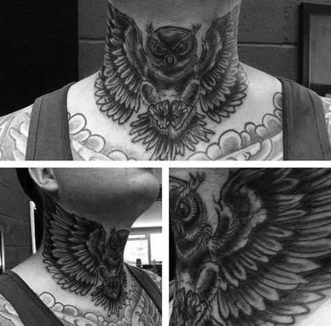 Shaded Black And Grey Ink Traditional Owl Neck Tattoos For Gentlemen Wing Throat Tattoo, Whole Neck Tattoo Men, Neck Owl Tattoo, Traditional Throat Tattoo, Wings Neck Tattoo, Kneck Tattoos, Traditional Neck Tattoo, Owl Neck Tattoo, Wing Neck Tattoo