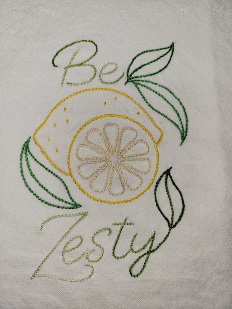 Embroidery Dish Towels, Embroidery Kitchen Towels Patterns, Lemon Embroidery, Embroidered Tea Towels, Lemon Embroidery Pattern, Simple Tea Towel Embroidery, Fruit And Veggie Embroidery, Lemon Lime Embroidery, Dish Towel Embroidery