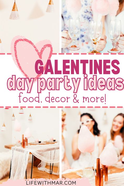 Galentine's Day party Valentines Girls Night Party Ideas, Galentines Game Ideas, Galentines Party Ideas Girls Night, Slumber Party Foods, Valentines Ideas For Her, Galentines Brunch, Galentines Day Ideas, Valentines Galentines, Day Party Ideas