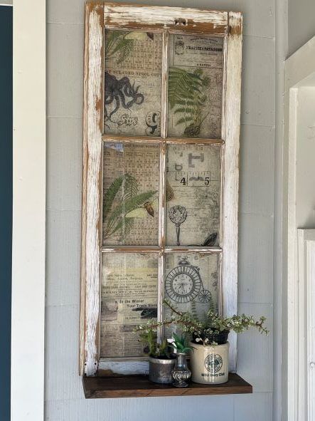 How to Upcycle a Window into Porch Decor – Roycycled Treasures Decoupage Windows Ideas, Old Windows Repurposed Decor, Old Windows Repurposed, Porch Wall Decor Ideas, Vintage Window Decor, Old Window Crafts, Plant Ledge, Reverse Decoupage, Old Window Decor