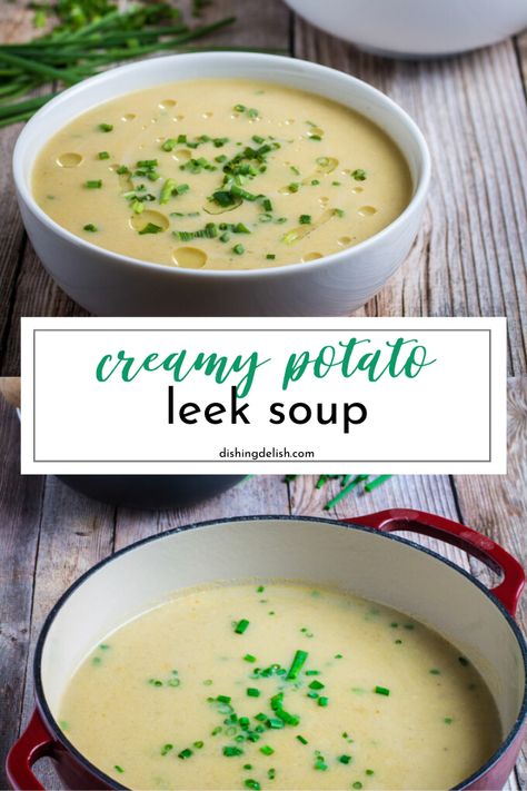 Creamy Potato Leek Soup is a total comfort recipe. Creamy, flavorful and a little kick of heat from the Cayenne pepper. A French dish that will taste better than the ordering takeout. #soup #leek #creamy #fall #potato #recipe #dinner #comfortfood Spicy Soups, Creamy Potato Leek Soup, Leeks Soup Recipes, Leek Recipes, Potato Leek, Potato Leek Soup, Leek Soup, Recipe Dinner, French Dishes