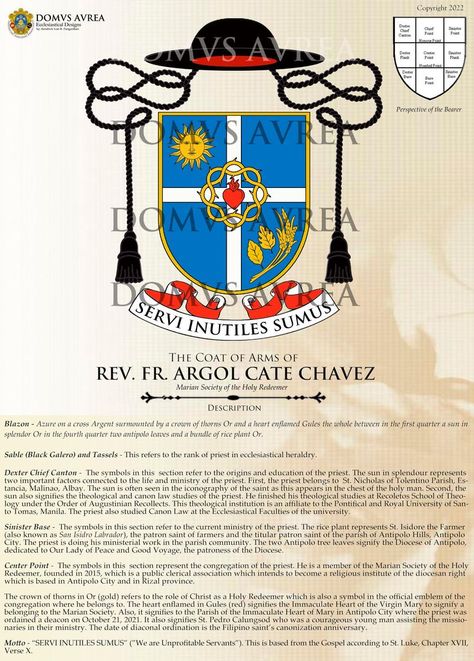 Coat of Arms: REV. FR. ARGOL CATE CHAVEZ, MSHR, Priest-Son of St. Nicholas of Tolentine Parish, Malinao, Albay. Designed by: Kendrick Ivan B. Panganiban. Copyright: DOMVS AVREA 2022. House Of Gold, Heraldry Design, Crown Of Thorns, St Nicholas, Our Lady, Coat Of Arms, Quick Saves, Design, Logos