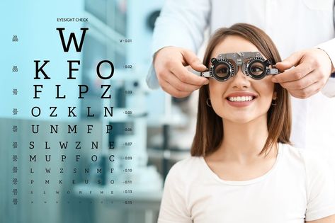 Collage with eye test chart and ophthalmologist examining young woman in clinic Eye Testing Images, Optician Training, Eye Sight Test, Eye Health Food, Eye Examination, Brand Poster, Eye Test Chart, Eye Clinic, Branded Products