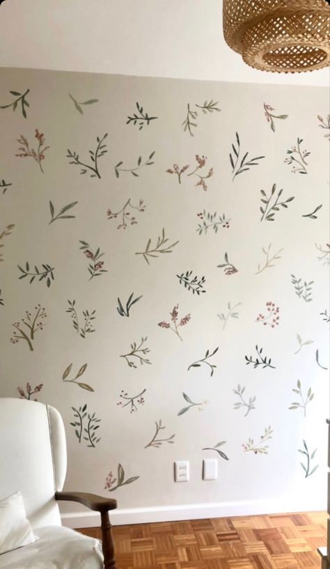 Hand Painted Wall Pattern Floral, Nursery Hand Painted Wall, Bookshelf Mural, Hand Painted Murals For Home, Hand Painted Nursery Wall, College House Bedroom, Wall Behind Bed, Colourful Nursery, Wall Paint Patterns