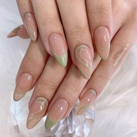 January Nail Inspo Coffin, Sage Green Nails Acrylic French Tip Coffin, Sage Green Hoco Nails, Light Green Prom Nails, Sage Green Nails Almond, Cute Almond Nails Design Simple, Alomd Nails Ideas, Mail Trends 2023, Dope Nails Almond