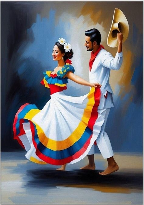 Cumbia is Colombia's national dance, one of its most representative rhythms and the source and inspiration behind much of the country's popular music.  Cumbia, just like Colombia, is a blend between European, African and indigenous cultures. It was born on Colombia's Caribbean coast where it was originally an African courtship dance that evolved with the addition of African, European and indigenous instruments and indigenous dance steps.  Transport cost: free of charge. Printed with HP Latex Ink Cumbia Dancing, Colombian Dance, Dance Mexican, Indigenous Dance, Colombia Culture, Colombia Poster, Colombia Art, Mexican Art Painting, Couple Canvas