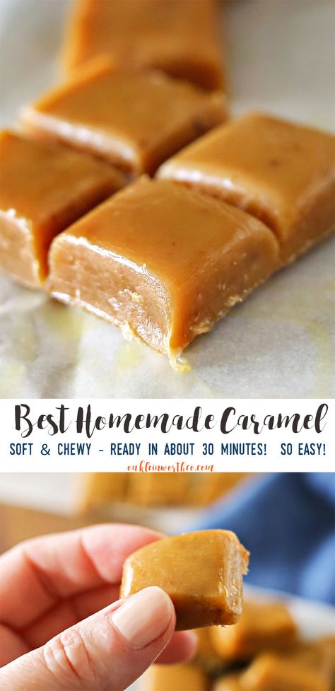 Best Homemade Caramel RECIPE is perfect for making caramel apples & all… Homemade Caramel Recipe, Homemade Caramel Recipes, Making Caramel, Holiday Candies, Yummy Candy, Caramel Recipe, Coconut Dessert, Pane Dolce, How To Make Caramel