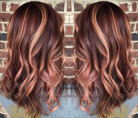 Gorgeous. Hair Color Flamboyage, Rose Gold Hair Color, Gold Hair Color, Brunette Hair Cuts, Gold Hair Colors, Balayage Technique, Hair Color Rose Gold, Red Highlights, Trendy Hair Color