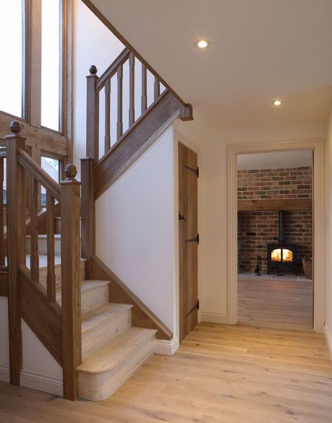 Cottage Garage, Farmhouse Staircase, Border Oak, Oak Frame House, Garage Renovation, Hallway Flooring, Wood Farmhouse, Hallway Design, Hal Decor