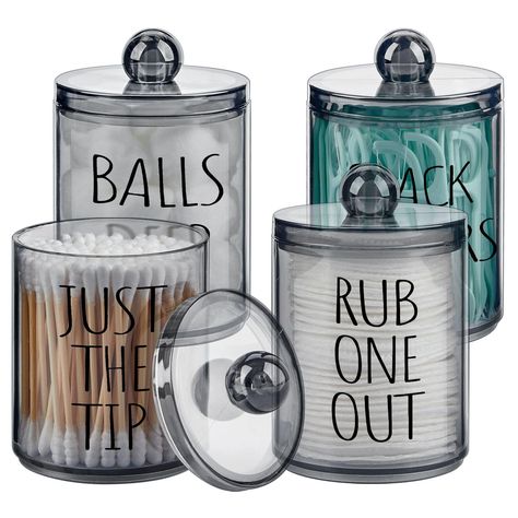 PRICES MAY VARY. Bathroom Organizer and Storage Set: Comes with 4pcs black apothecary jars with lids and 8pcs clear labels with black pre-printed words, which can help you easy to storage small items and keep your bathroom organized. Black Modern Design: These black acrylic qtip dispensers combine simple with modern design, perfect for decorating in a modern farmhouse style bathroom. Thick PS Material: Made from quality plastic with smooth edge and wide rounded base, simple and generous, strong Apothecary Jars Bathroom, Bathroom Containers, Bathroom Canisters, Black Bathroom Decor, Bathroom Sink Decor, Sink Decor, Beauty Blenders, Floss Picks, Bathroom Farmhouse Style