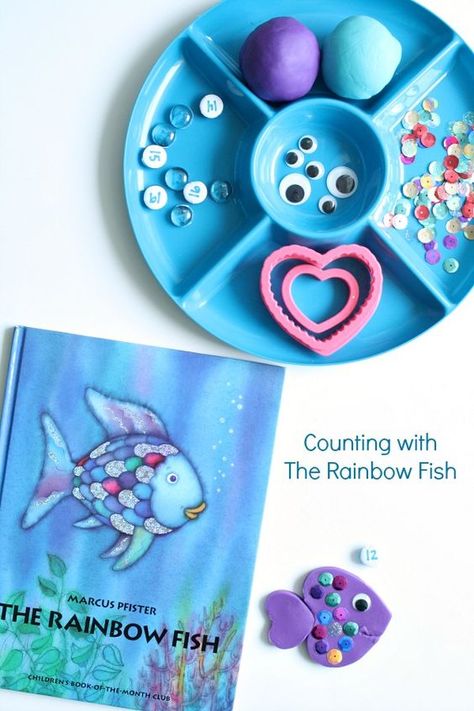 Counting with The Rainbow Fish by Marcus Pfister-Playful preschool learning activity Rainbow Fish Book, Rainbow Fish Activities, Preschool Friendship, Play Dough Invitation, The Rainbow Fish, Friendship Theme, Fish Activities, Playdough Activities, Playdough Kits