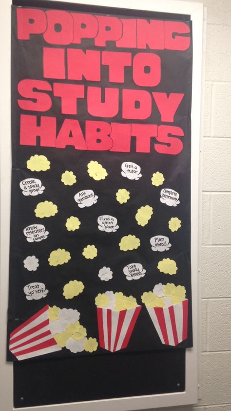 Notice Board Theme Ideas, Popcorn Bulletin Board, Res Life Programs, Popcorn Board, Mind Maping, Notice Board Decoration, Res Life Bulletin Boards, Staff Ideas, Office Bulletin Boards