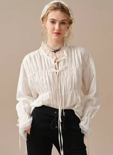 Poet Blouse Outfit, Victorian Blouse Outfit, Victorian White Shirt, Victorian Inspired Outfits, Sheer Blouse Outfit, Fantasy Blouse, White Dress Shirt Women, Embroidered Cuffs, Ruffle Top Blouses