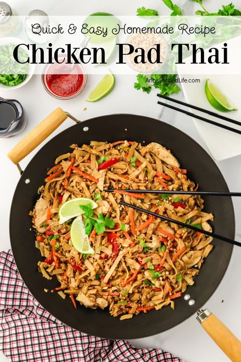 Overhead view of chicken pad Thai in a wok Simple Pad Thai Recipe, Easy Chicken Pad Thai, Chicken Pad Thai Recipe Authentic, Pat Thai Recipe, Pad Thai Recipe Chicken, Chicken Pad Thai Recipe Easy, Recipes With Rice Noodles, Simple Pad Thai, Pad Thai Recipe Easy