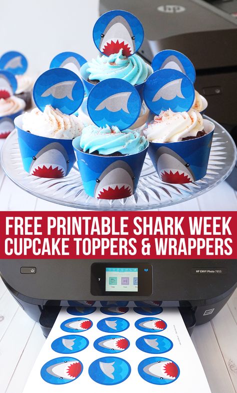 Free Printable Shark Week Cupcake Toppers & Wrappers #sharkweek #shark #sharkparty #cupcakes #freeprintable #partyideas #printables #partyfavors #sharks Cupcakes For Kids Birthday, Shark Board, Shark Printables, Cupcakes For Kids, Shark Cupcakes, Sea Ideas, Shark Week Party, Shark Themed Party, Ideas Cupcakes