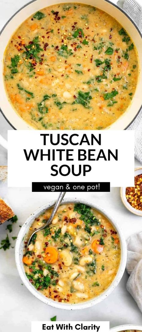 Tuscan White Bean Soup, Tuscan White Bean, Vegetarian Soup Recipes, Tasty Vegetarian Recipes, White Bean Soup, Vegetarian Soup, Diet Vegetarian, White Bean, Healthy Soup Recipes