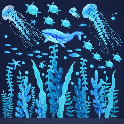 Amazon.com: Under the Sea Wall Decals Glow in the Dark Ocean Wall Decals Colorful Sea Turtle Seaweed Jellyfish Wall Stickers Removable Ocean World Themed Wall Decor for Toddler Boys Girls Bedroom Bathroom Living Room : Baby Glow In The Dark Ocean, Colorful Sea Turtle, Sea Bedrooms, Ocean Room Decor, Sea Life Animals, Colorful Jellyfish, Dark Ocean, Ocean Room, Boy Girl Bedroom