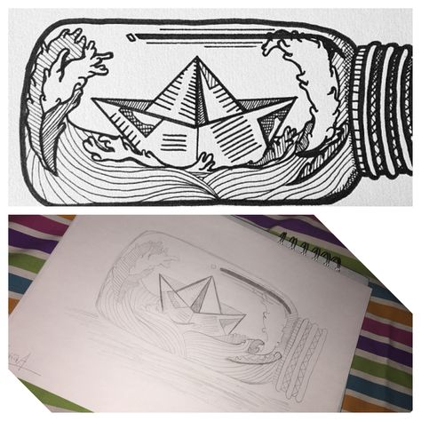 #draw #drawing #bottle #ship #paper #boat #backandwhite Origami Boat Tattoo, Paper Boat Drawing, Paper Boat Tattoo, Sailors Tattoo, Drawing Bottle, Bottle Ship, Ship Paper, Desk Drawing, Tattoo Universe