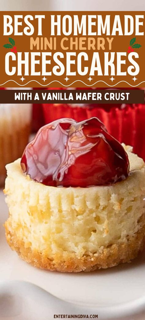 Mini Cherry Cheesecakes With A Vanilla Wafer Crust Cherry Cheesecake Cupcakes, Canned Cherry Pie Filling, Canned Cherry Pie, Cafe Items, Traditional Cheesecake, Mini Cherry Cheesecakes, Cherry Cheesecake Recipe, Vanilla Wafer Crust, Cheesecake Mix