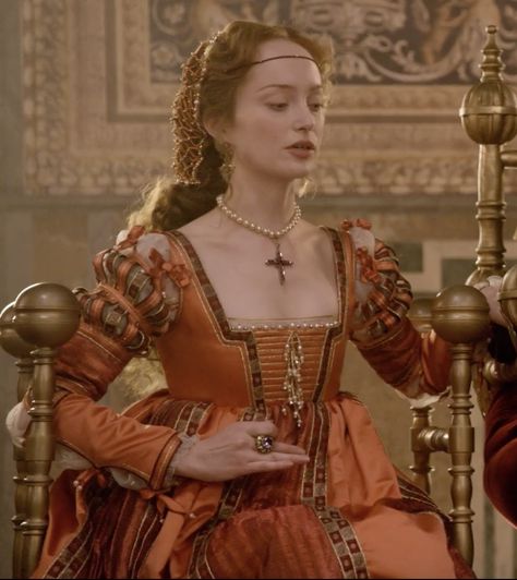 Giulia Farnese - The Borgias "Lucrezia's Wedding" Orange Medieval Aesthetic, Giulia Farnese, Borgias Costumes, The Borgias, History Fashion, Costume Drama, Medieval Dress, Period Costumes, Historical Costume