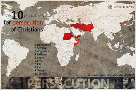 These are the Top 10 Countries for Persecution of Christians, according to @opendoorsusa World Watch List 2017:⠀ 1. North Korea⠀ 2. Somalia⠀ 3. Afghanistan⠀ 4. Pakistan⠀ 5. Sudan⠀ 6. Syria⠀ 7. Iraq⠀ 8. Iran⠀ 9. Yemen⠀ 10. Eritrea⠀ ⠀ Our brothers and sisters in Christ face intense opposition for their faith in Jesus, and we can stand with them through our prayers! ⠀ ⠀ #InternationalDayofPrayer #IDOP #GospelforAsia #prayer #persecutedchurch #persecution Persecuted Church, Christian Persecution, The Power Of Prayer, Free Tv, Pray Without Ceasing, Free Infographic, Brothers And Sisters, Photo Of The Day, Power Of Prayer