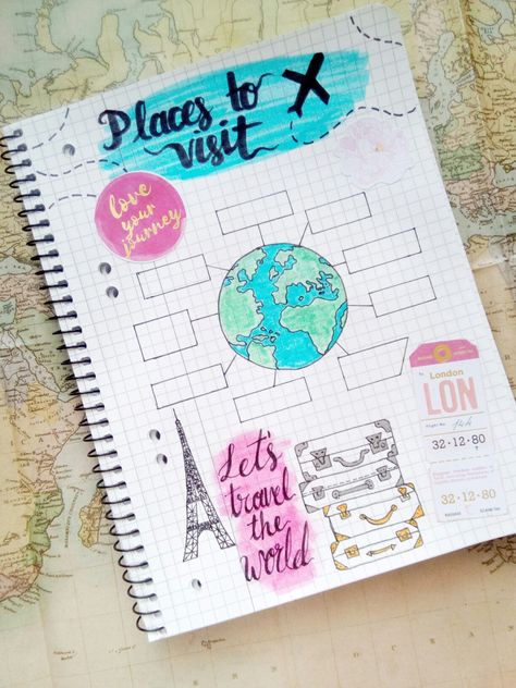 Places to visit for travellers. Colouful & happy page! ✈ Places To Visit Journal Page, Travel Journal Pages, Planner Doodles, Bullet Journal 2019, Bullet Planner, Diy Journal Books, A Notebook, Scrapbook Printables, Bullet Journal Inspo