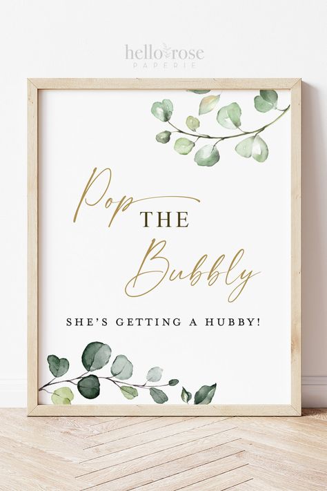 Pop the Bubbly She's Getting a Hubby Sign Printable . Greenery and Gold . Wedding Engagement Bridal Shower Bachelorette Hens Party . G2 #bridalshower #bacheloretteparty #etsy #bridalshowersign #henspartysign #bubblybridalbrunch #mimosabarsign #bubblymimosabar #bridalbrunchsign #champagnebarsign Baby Blocks Baby Shower, Party Backyard, Gold Printable, Bridal Shower Inspiration, Hens Party, Budget Friendly Wedding, Printable Bridal Shower Games, Bridal Shower Brunch, Bridal Shower Signs