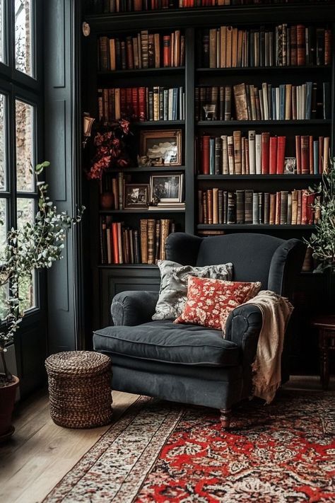 Dark Painted Bookcases, Dark Academia Minimalism Interior, Reading Corner Dark Academia, Gothic Home Library Ideas, Dark Academia Armchair, Reading Room Dark Academia, Dark Academia Bookcase, Black Library Aesthetic, Dark Academia Shelves