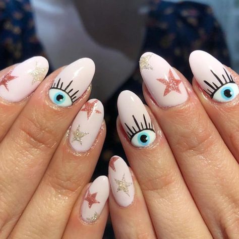 Nail Education, Persephone Art, Stars Nails, Finger Style, Evil Eye Nails, Eye Nail Art, Festival Clothes, Nagellack Trends, Minimalist Nails