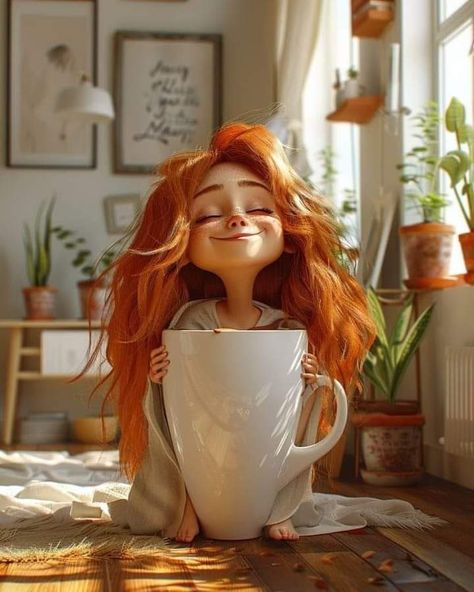 Good Morning Illustration Art, A Cup Of Coffee Photography, Good Morning Cute Cartoon, Girly Art Illustrations Style, Funny Cartoon Pics, Drawing With Coffee, Cafe Cartoon, Morning Coffee Photography, Morning Coffee Funny