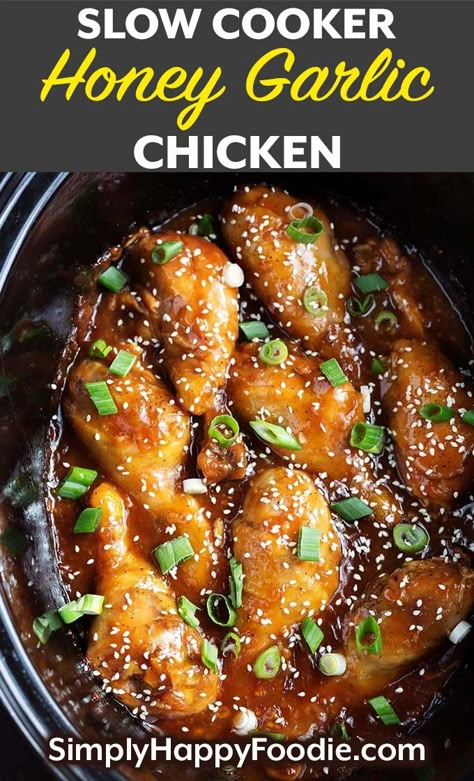 Slow Cooker Honey Garlic Chicken is a delicious sweet and savory Asian inspired chicken recipe. This delicious slow cooker chicken recipe has lots of honey and garlic, as well as other yummy ingredients. Crock pot honey garlic chicken recipe is done in just a few hours! simplyhappyfoodie.com Honey Garlic Chicken Crock Pot, Slow Cooker Kip, Asian Inspired Chicken, Slow Cooker Honey Garlic Chicken, Chicken Cooker, Garlic Chicken Recipe, Chicken Slow Cooker, Garlic Chicken Recipes, Crockpot Recipe