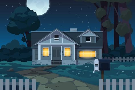 Cartoon House Background Night, Cartoon Background House, Night Neighborhood, Cartoon Cottage, Evening Background, Cartoon Houses, Night Cartoon, Neighborhood Street, Jungle Cartoon