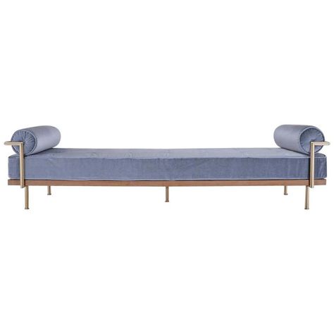 For Sale on 1stdibs - You may have noticed we quite drastically lowered our listed prices for our sofa’s and daybeds. We are thrilled to announce we recently opened our PT-lab Double Daybed, Latex Fabric, Brass Rods, Jim Thompson Fabric, Modern Sofa Couch, Jim Thompson, Mallorca Spain, Bedroom Bench, Aging Wood