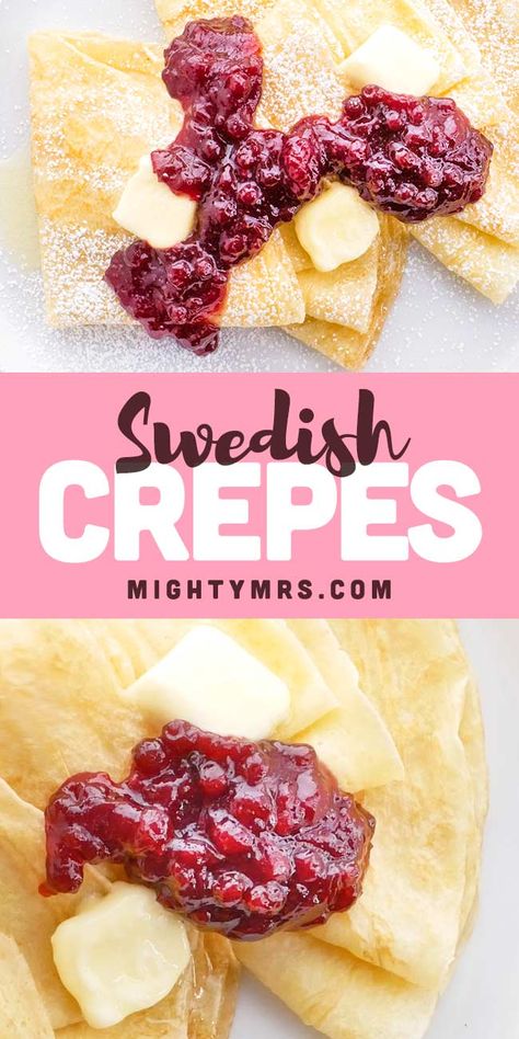 Swedish Crepes with Lingonberry Jam - Try this delicous and easy breakfast recipe, pefect for weekends, serving house guests or for a fancy brunch. These Swedish style crepes are topping with butter, lingonberry jam and powdered sugar inspired by iHop's Swedish crepe recipe. Watch the video to learn how to make these. It's easy once you master the flip. So easy and delicous! You can also use this crepe recipe and stuff with Nutella, banana, and strawberries. You can top with whipped cream too! Swedish Crepes, Lingonberry Jam, Jam Butter, Fancy Brunch, Homemade Crepes, Crepe Recipe, Crepes Recipe, Breakfast Recipes Sweet, House Guests