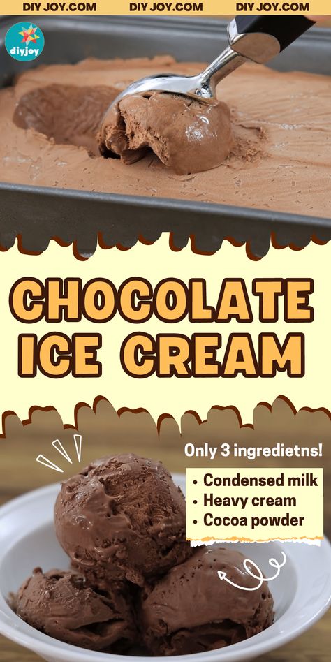 Easy 3-Ingredient Homemade Chocolate Ice Cream Recipe 2 Ingredient Ice Cream Condensed Milk, 3 Ingredient Chocolate Ice Cream, Home Made Ice Cream Recipes Easy, Ice Cream Recipes Easy, Freezer Treats, Gelatin Desserts, Cream Bread Recipe, 2 Ingredient Ice Cream, 3 Ingredient Ice Cream