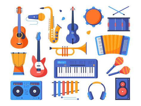 Flat musical instruments by Boyko Musical Instruments Drawing, Jazz Instruments, Five Little Monkeys, Instruments Art, Music Flyer, Music Drawings, Music Illustration, Object Drawing, Lego Space