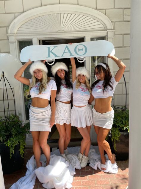 Blue Bid Day Theme, Ski Sorority Theme, Apres Ski Bid Day, Sorority Ski Theme, Winter Bid Day Themes, Snow Bid Day Theme, Ski Lodge Outfit Party College, Snow Place Like Home Bid Day, Ski Bid Day Theme