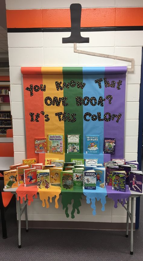 Diy School Library Decor, Spring Book Display Libraries, Pride Display Library, November Library Display Ideas, High School Library Decor, Spring Library Display Ideas, Library Book Display Ideas, High School Library Decorating Ideas, Public Library Display Ideas