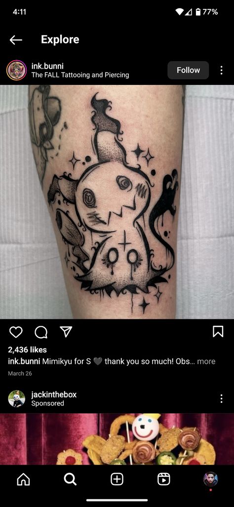 Mimikyu Tattoo Ideas, Spiritfarer Tattoo, Mimikyu Tattoo, Min Tattoo, Dark Type Pokemon, Sticker Sleeve, Autumn Tattoo, Band Tattoos, Funky Tattoos