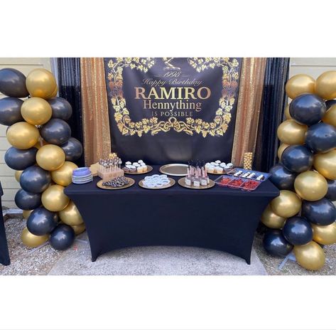 Hennessy theme birthday party Hennessy Party Ideas For Men, Hennessy Themed Birthday Party, Hennessy Party, Hennessy Birthday Theme, Hennessy Party Ideas Decor, Hennesy Cake Birthdays, Surprise Party Decorations, Hennessy Performance, 35th Birthday