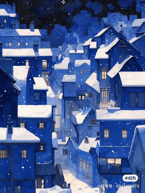 Winter Town Illustration, Snow Illustration, Snow Night, Winter City, Building Illustration, Winter Illustration, City Drawing, Night Scene, Night Art