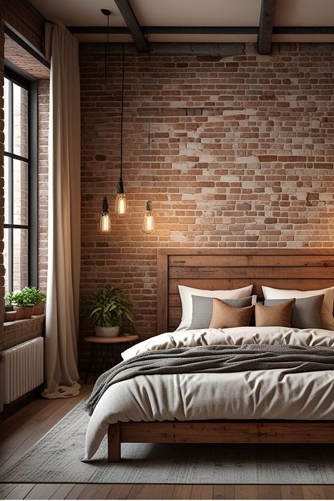 Bedroom Design Brick Wall, Industrial Earthy Decor, Faux Brick Wall Panels Bedroom, Modern Rustic Bed Frame, Bedroom Inspirations Brick Wall, Rustic Industrial Decor Master Bedrooms, Red Brick Bedroom Ideas, Exposed Beam Bedroom, Fake Brick Wall Bedroom