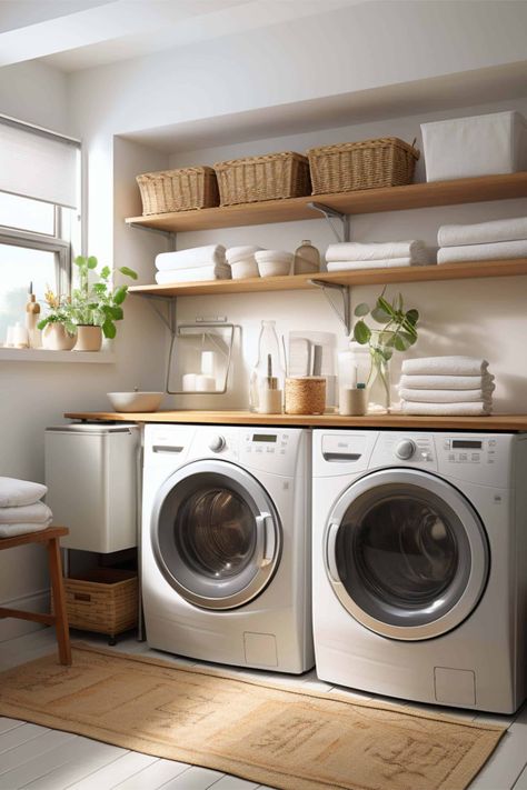 Neat Laundry Room Ideas, Boho Mudroom Laundry Rooms, Landuary Room Ideas, Landuray Room Ideas Modern, Laundry Storage Closet Ideas, Laundry Closet Folding Station, Laundry No Window, Boho Style Laundry Room, Spa Laundry Room